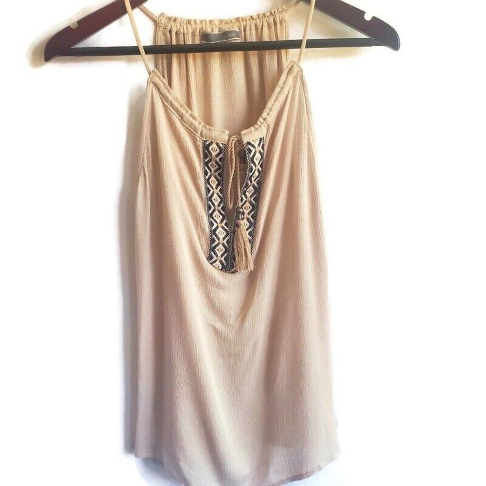 Be Cool Halter Top Womens Tassel Tie Embroidered Keyhole Neck Hippie Tan M